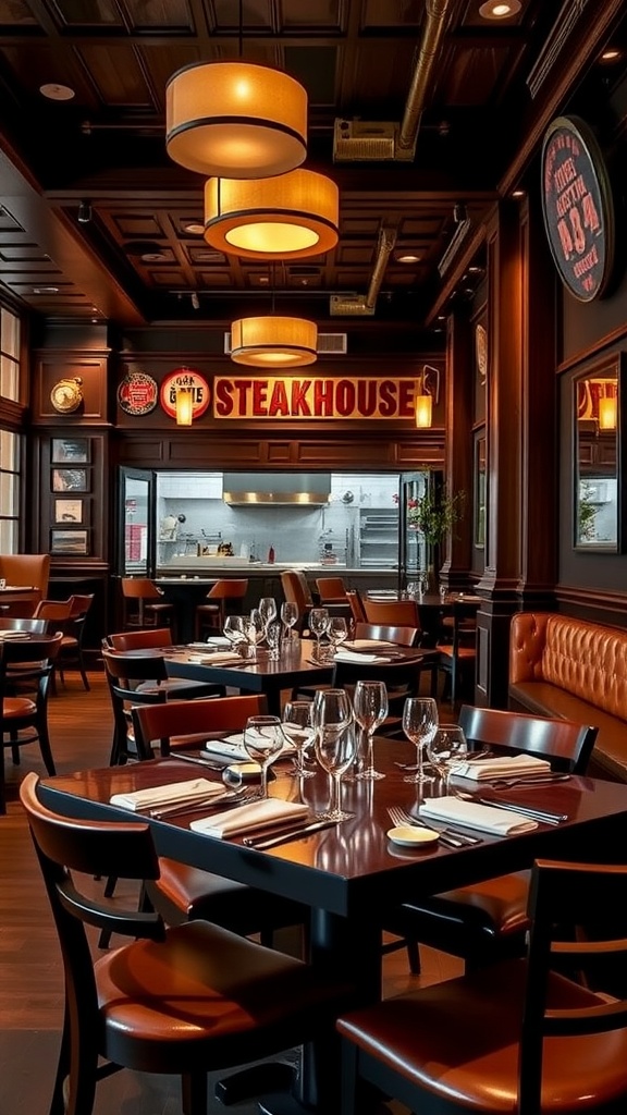 Elegant steakhouse interior with dark wood furniture and warm lighting, showcasing an inviting dining atmosphere.